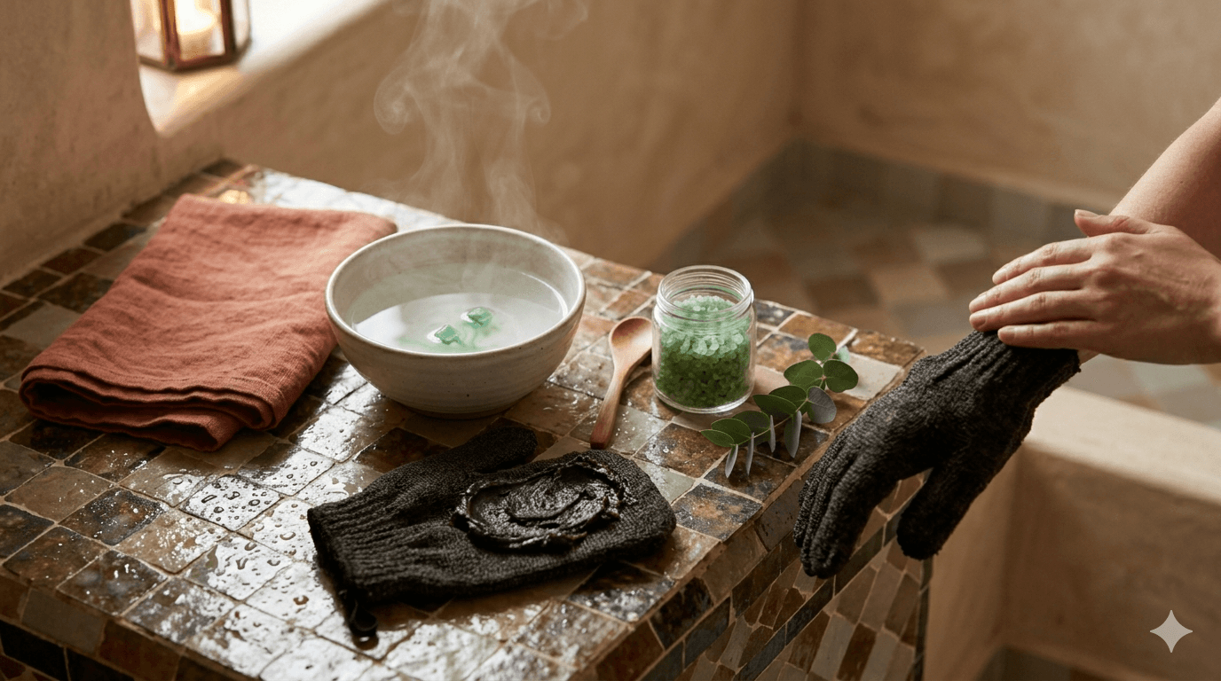 Rituel hammam à la maison avec cristaux d'eucalyptus